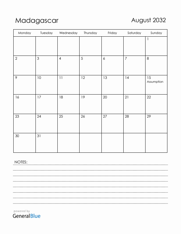 August 2032 Madagascar Calendar with Holidays (Monday Start)