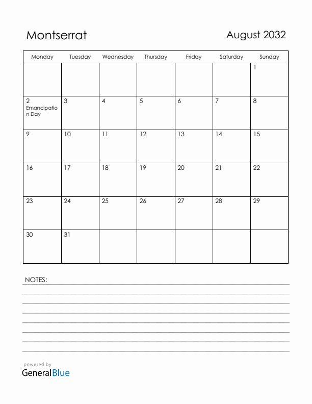 August 2032 Montserrat Calendar with Holidays (Monday Start)