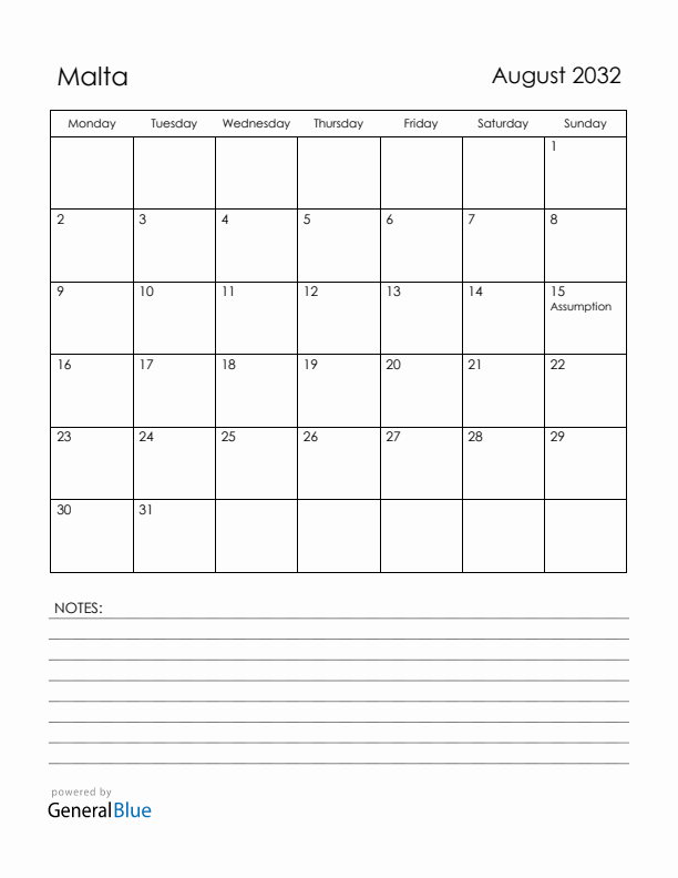August 2032 Malta Calendar with Holidays (Monday Start)