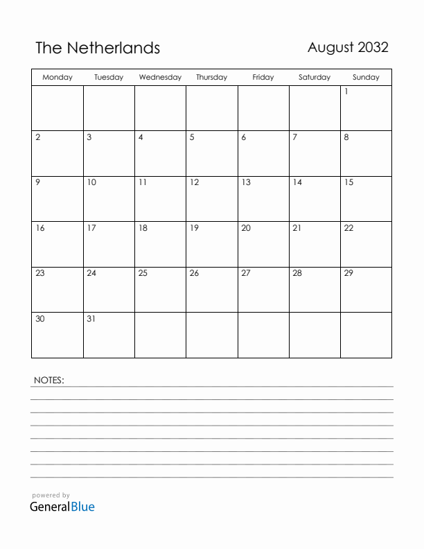 August 2032 The Netherlands Calendar with Holidays (Monday Start)