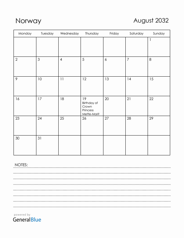 August 2032 Norway Calendar with Holidays (Monday Start)