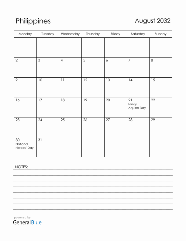 August 2032 Philippines Calendar with Holidays (Monday Start)
