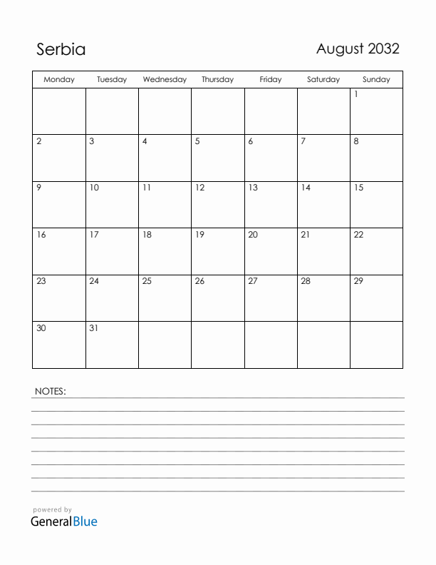 August 2032 Serbia Calendar with Holidays (Monday Start)