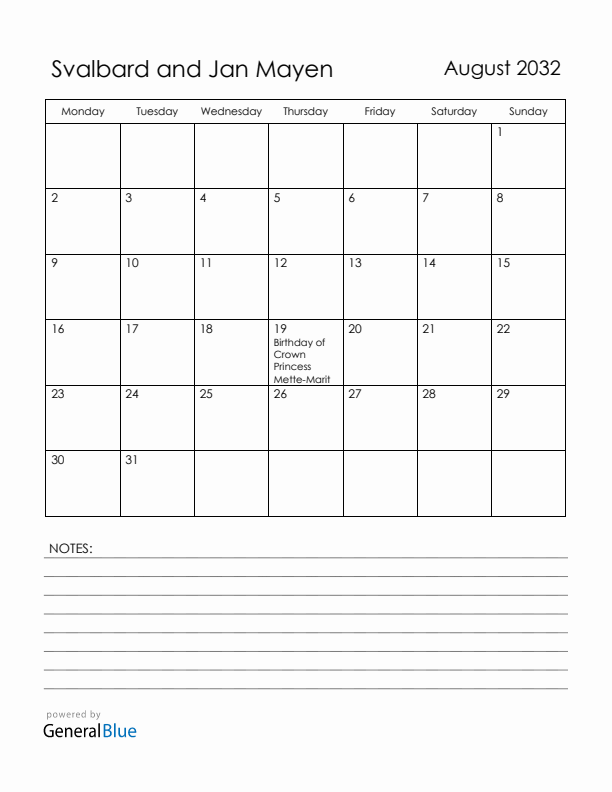 August 2032 Svalbard and Jan Mayen Calendar with Holidays (Monday Start)
