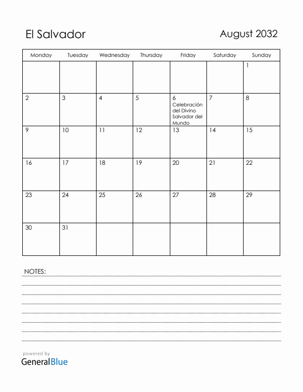 August 2032 El Salvador Calendar with Holidays (Monday Start)