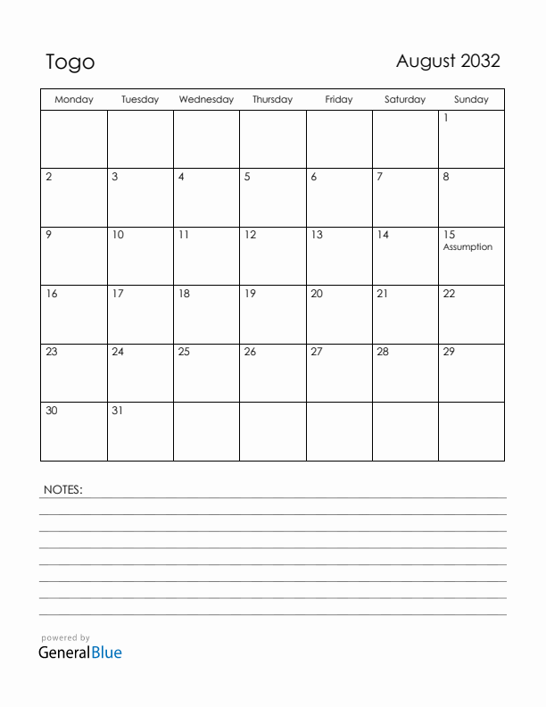 August 2032 Togo Calendar with Holidays (Monday Start)