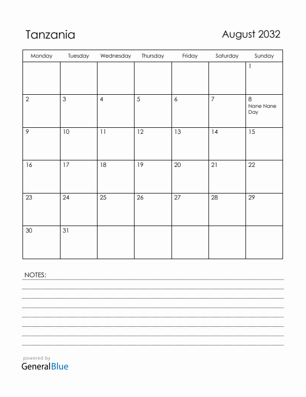 August 2032 Tanzania Calendar with Holidays (Monday Start)