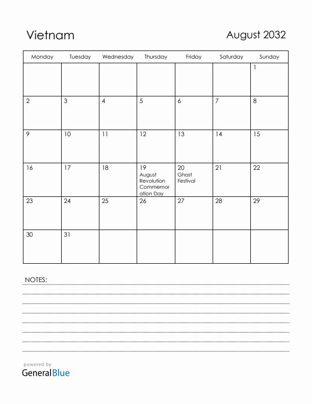 August 2032 Vietnam Calendar with Holidays (Monday Start)