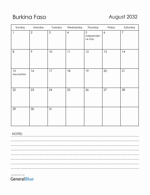 August 2032 Burkina Faso Calendar with Holidays (Sunday Start)