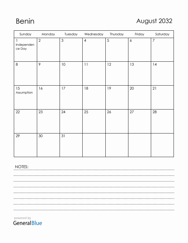 August 2032 Benin Calendar with Holidays (Sunday Start)