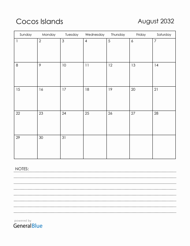 August 2032 Cocos Islands Calendar with Holidays (Sunday Start)