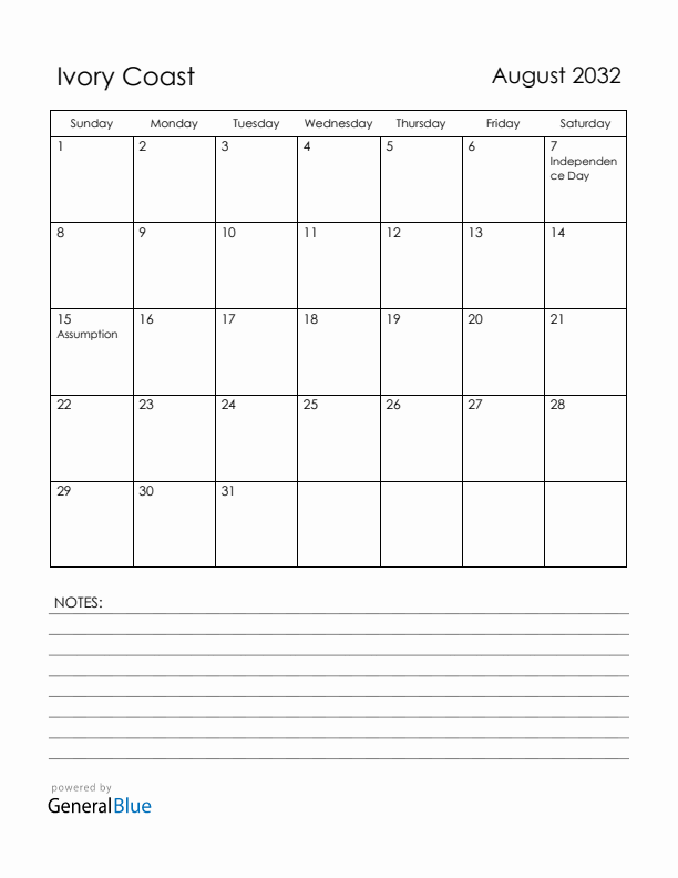 August 2032 Ivory Coast Calendar with Holidays (Sunday Start)