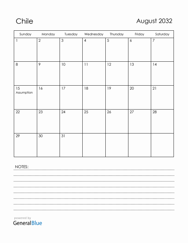 August 2032 Chile Calendar with Holidays (Sunday Start)