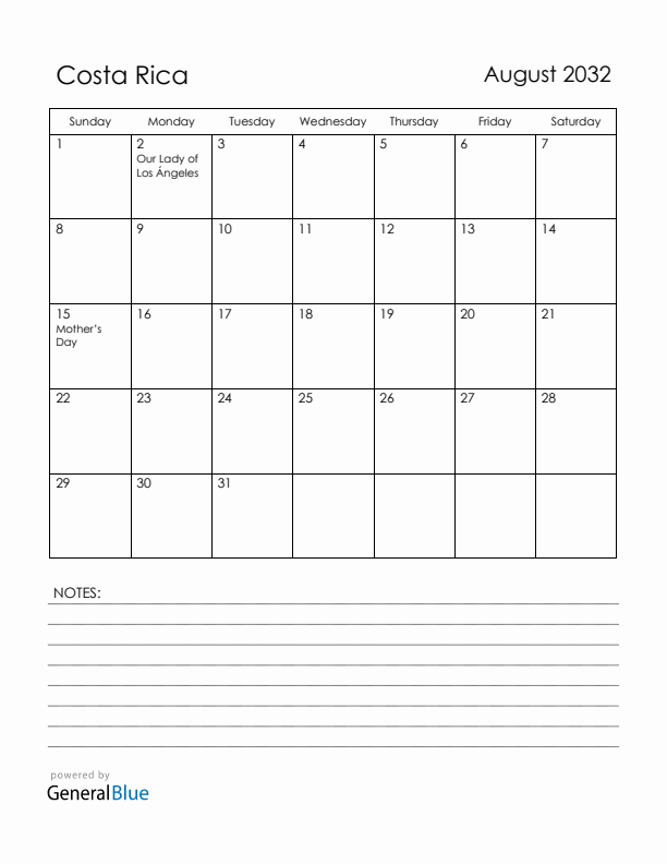 August 2032 Costa Rica Calendar with Holidays (Sunday Start)