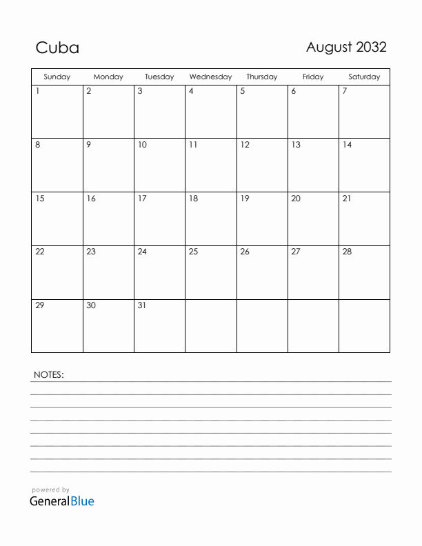 August 2032 Cuba Calendar with Holidays (Sunday Start)