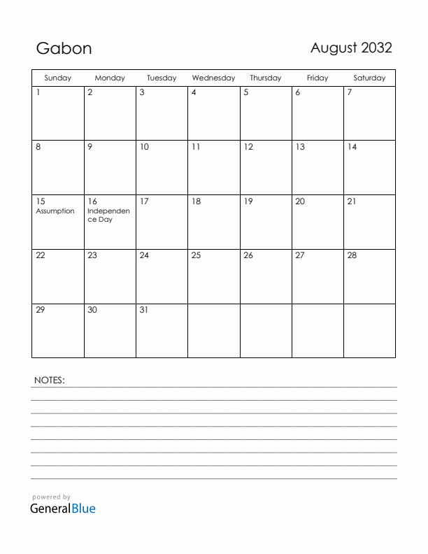 August 2032 Gabon Calendar with Holidays (Sunday Start)