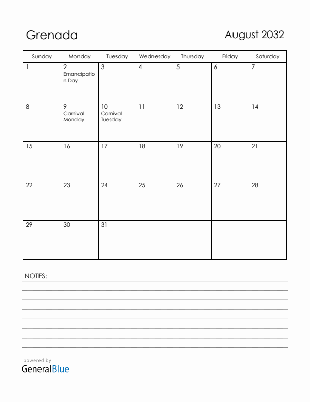August 2032 Grenada Calendar with Holidays (Sunday Start)