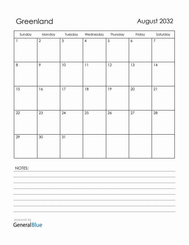 August 2032 Greenland Calendar with Holidays (Sunday Start)