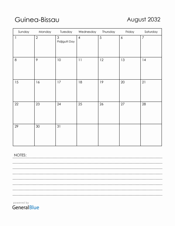 August 2032 Guinea-Bissau Calendar with Holidays (Sunday Start)