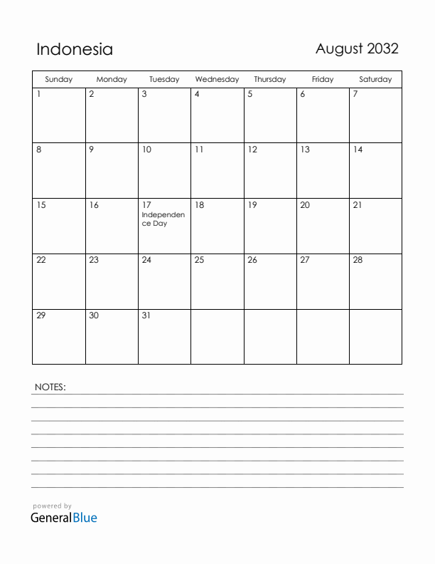 August 2032 Indonesia Calendar with Holidays (Sunday Start)