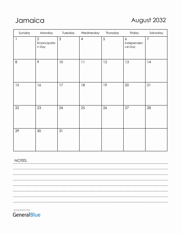 August 2032 Jamaica Calendar with Holidays (Sunday Start)