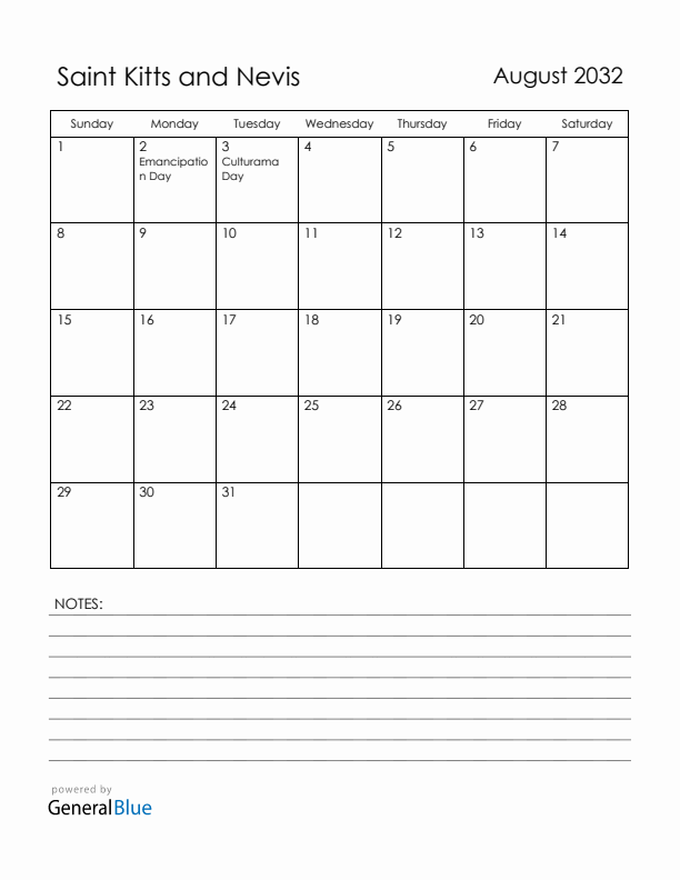 August 2032 Saint Kitts and Nevis Calendar with Holidays (Sunday Start)