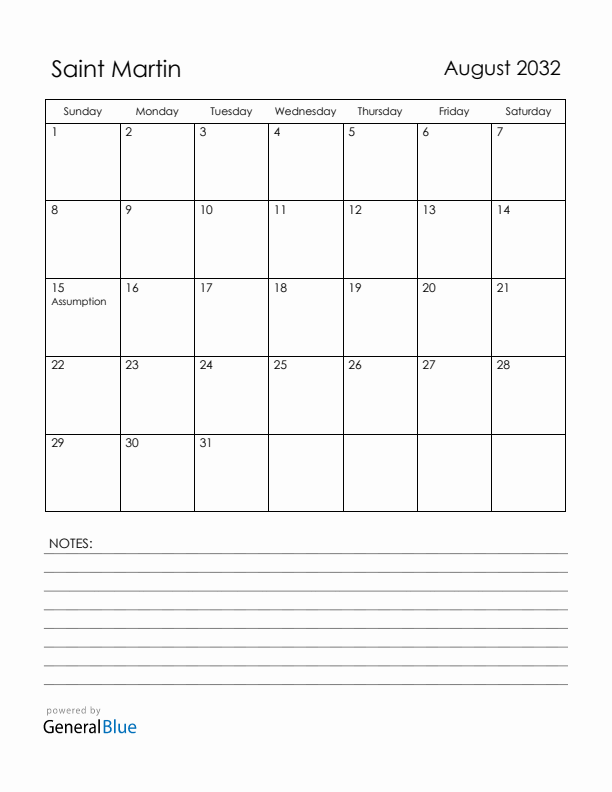 August 2032 Saint Martin Calendar with Holidays (Sunday Start)