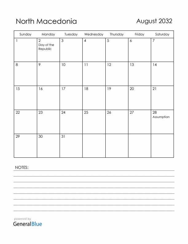 August 2032 North Macedonia Calendar with Holidays (Sunday Start)