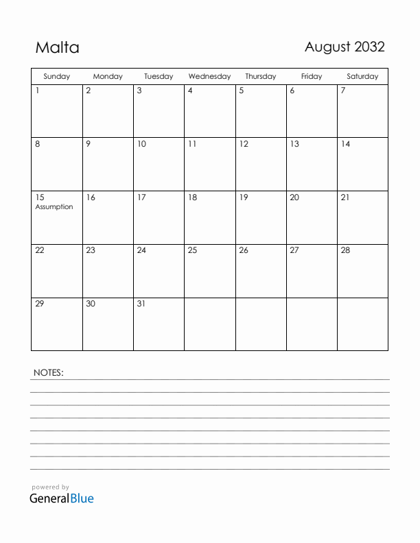 August 2032 Malta Calendar with Holidays (Sunday Start)