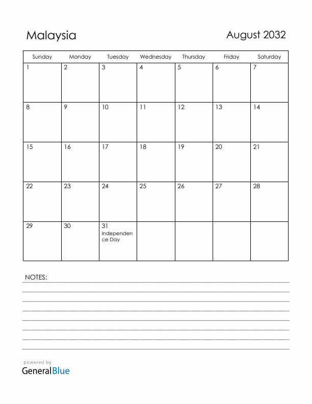 August 2032 Malaysia Calendar with Holidays (Sunday Start)