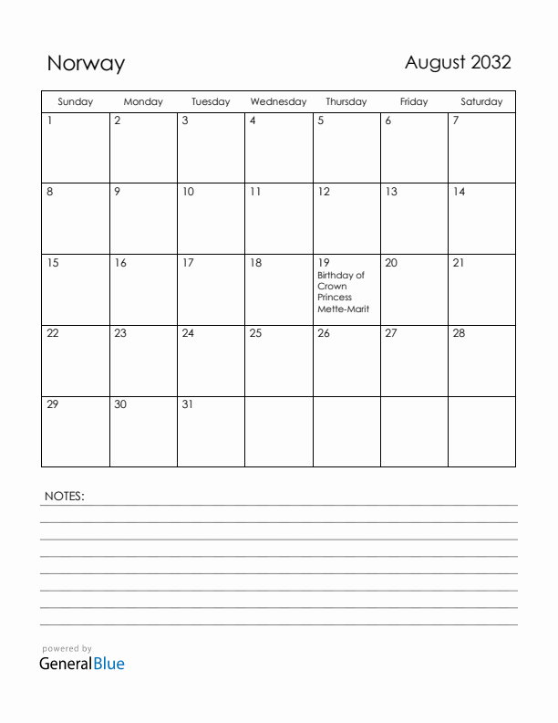 August 2032 Norway Calendar with Holidays (Sunday Start)