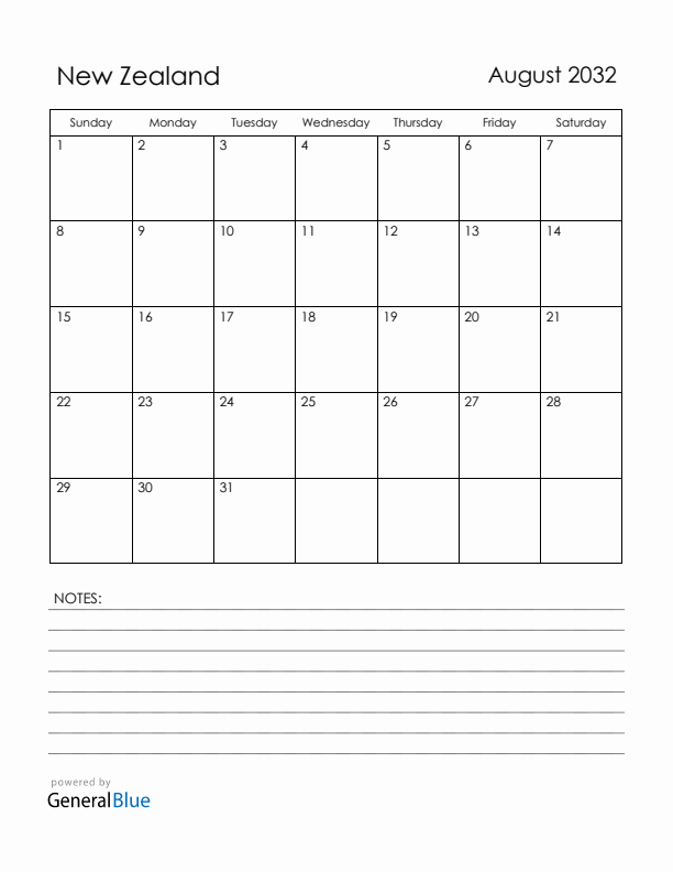 August 2032 New Zealand Calendar with Holidays (Sunday Start)