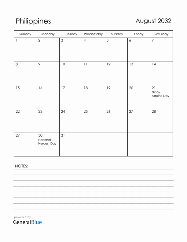 August 2032 Philippines Calendar with Holidays (Sunday Start)