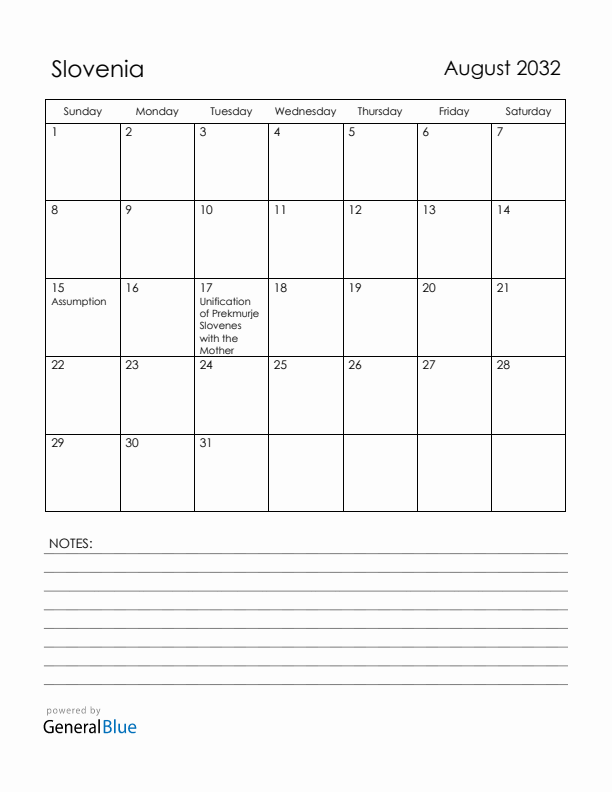 August 2032 Slovenia Calendar with Holidays (Sunday Start)