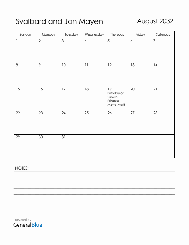 August 2032 Svalbard and Jan Mayen Calendar with Holidays (Sunday Start)