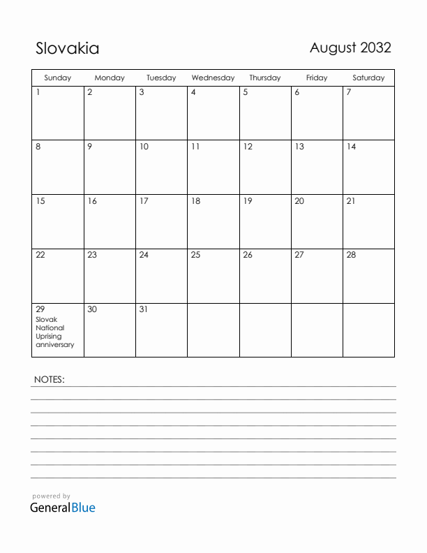 August 2032 Slovakia Calendar with Holidays (Sunday Start)