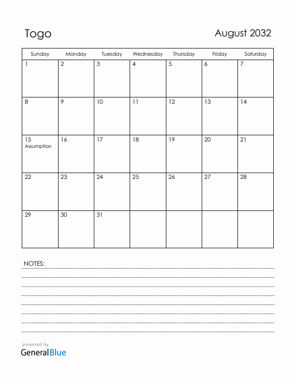 August 2032 Togo Calendar with Holidays (Sunday Start)