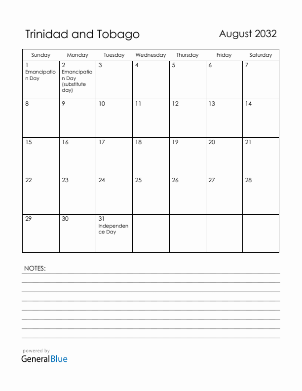 August 2032 Trinidad and Tobago Calendar with Holidays (Sunday Start)
