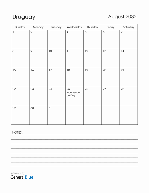 August 2032 Uruguay Calendar with Holidays (Sunday Start)