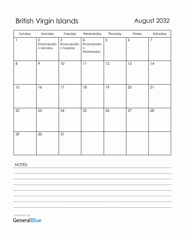 August 2032 British Virgin Islands Calendar with Holidays (Sunday Start)