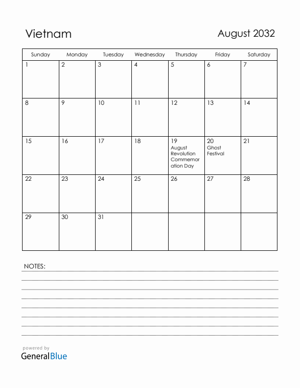 August 2032 Vietnam Calendar with Holidays (Sunday Start)
