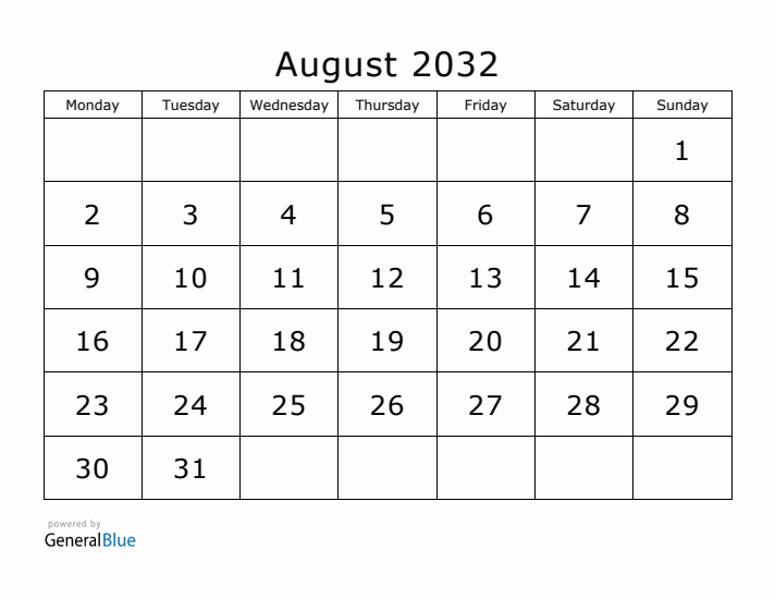 Printable August 2032 Calendar - Monday Start