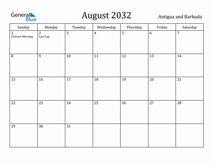 August 2032 Calendar Antigua and Barbuda