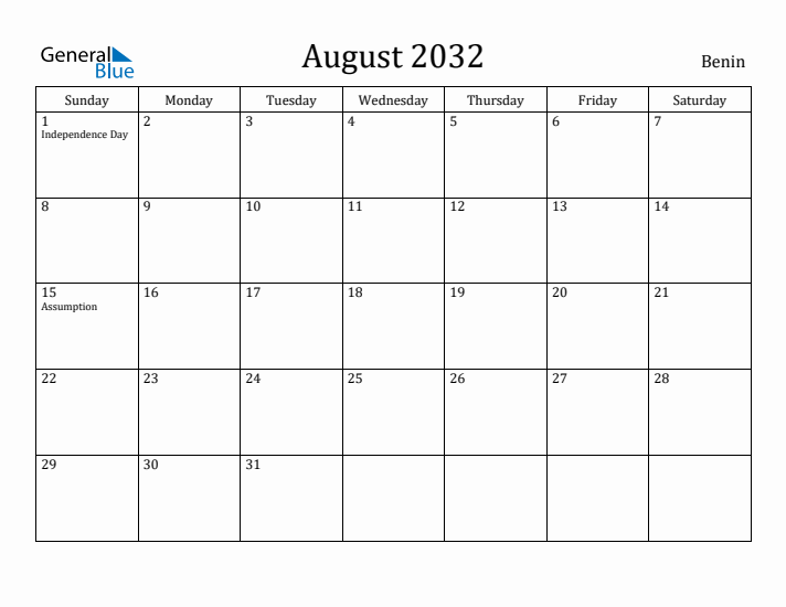 August 2032 Calendar Benin