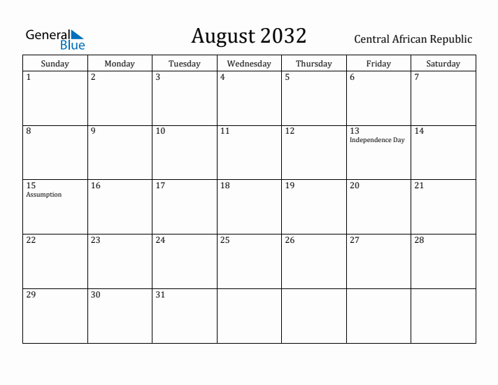 August 2032 Calendar Central African Republic