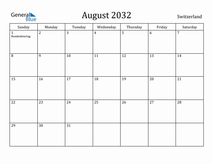 August 2032 Calendar Switzerland