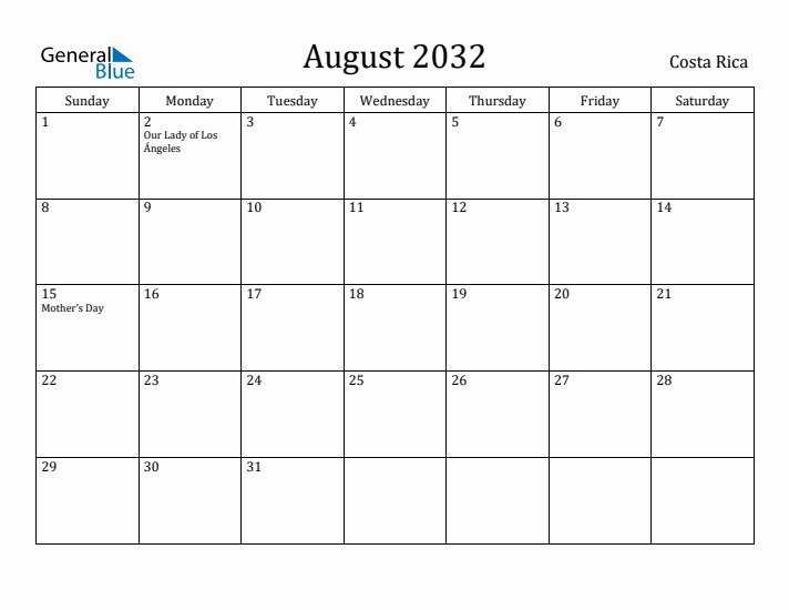 August 2032 Calendar Costa Rica