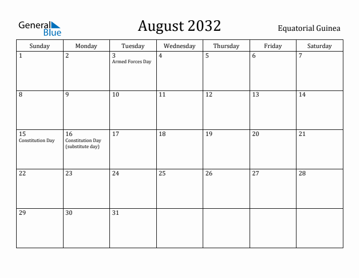 August 2032 Calendar Equatorial Guinea