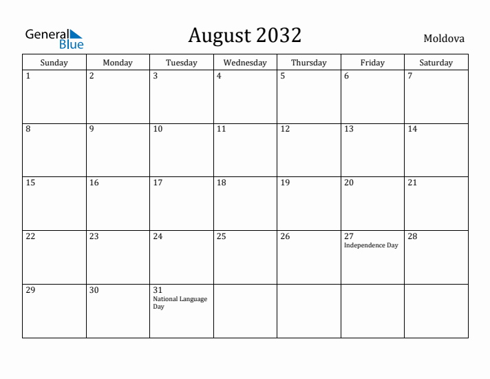 August 2032 Calendar Moldova