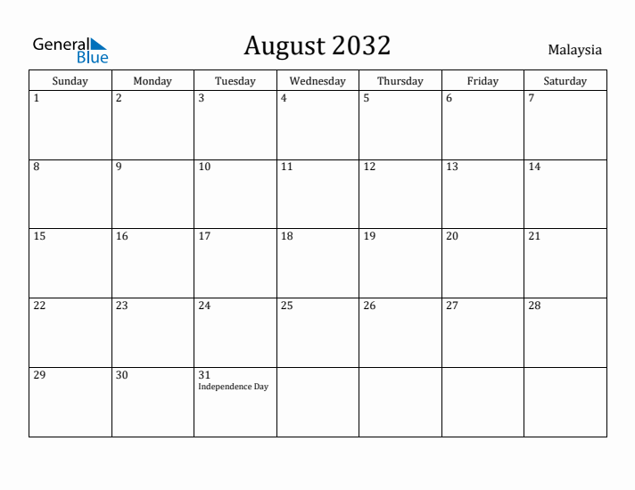 August 2032 Calendar Malaysia
